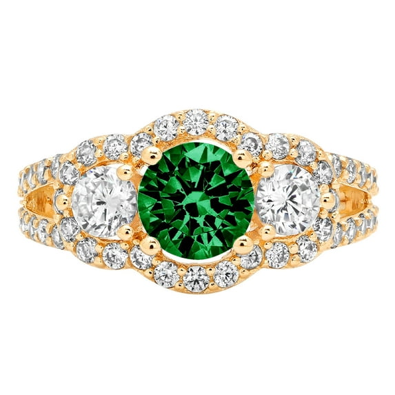 2.16 ct Round Cut Simulated Emerald 3 Stone 14K Yellow Gold Womens Engagement Ring