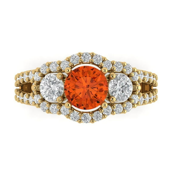 Clara Pucci 14K Yellow Gold Solid Gold Red Three-Stone Anniversary Ring for Women - 2.16 cttw Round Cut