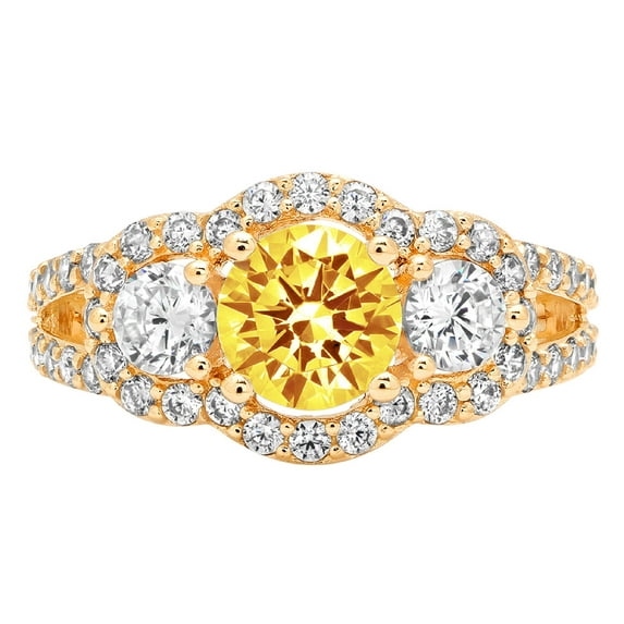 2.16 ct Round Cut Simulated Yellow Diamond 3 Stone 18K Yellow Gold Womens Engagement Ring