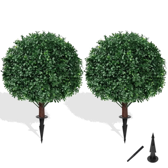 2 16in Artificial Boxwood Sphere Bushes - UV Resistant, with Stakes, Porch/Planter/Indoor Decor