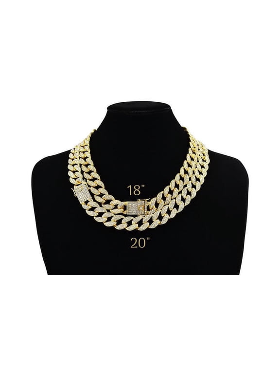 2 18" & 20" Cuban Link Chain Iced Out 15MM 18k Gold Plated Simulated Diamond CZ Pave | Choker | Necklace | Bracelet Gold Tone Hip Hop Bling