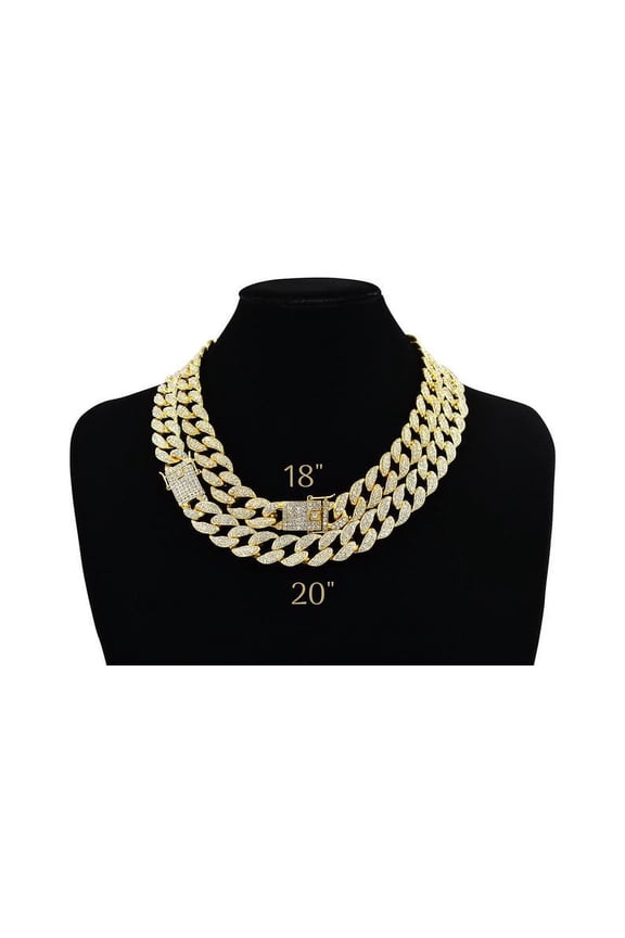 2 18" & 20" Cuban Link Chain Iced Out 15MM 18k Gold Plated Simulated Diamond CZ Pave | Choker | Necklace | Bracelet Gold Tone Hip Hop Bling