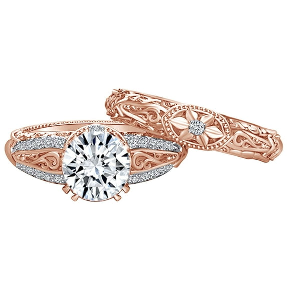 AFFY 2.18 Carat Round Shape Moissanite & Natural Diamond Unique Engagement Ring 14K Solid Rose Gold Ring Size-5