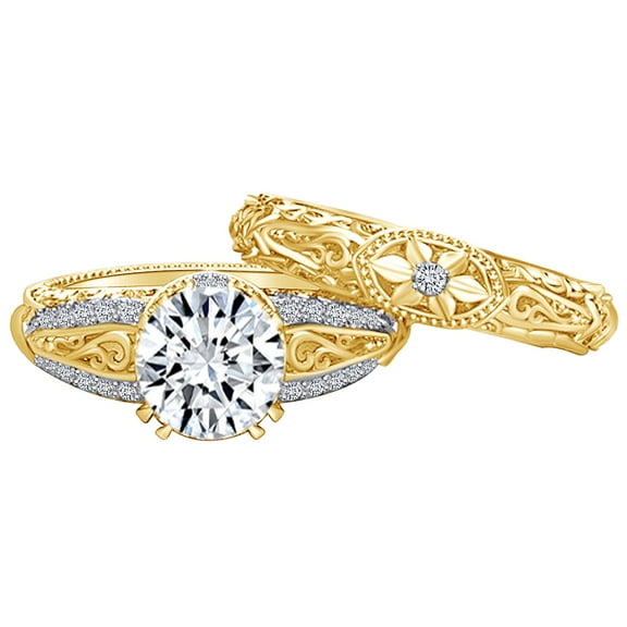 AFFY 2.18 Carat Round Shape Moissanite & Natural Diamond Unique Engagement Ring 14K Solid Yellow Gold Ring Size-5