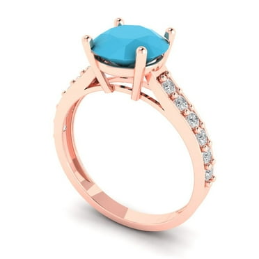 2.18 ct Brilliant Round Cut VVS1 Turquoise 14k Rose Solid Gold Solitaire with Accents Wedding Bridal Anniversary Engagement Ring size 10.75