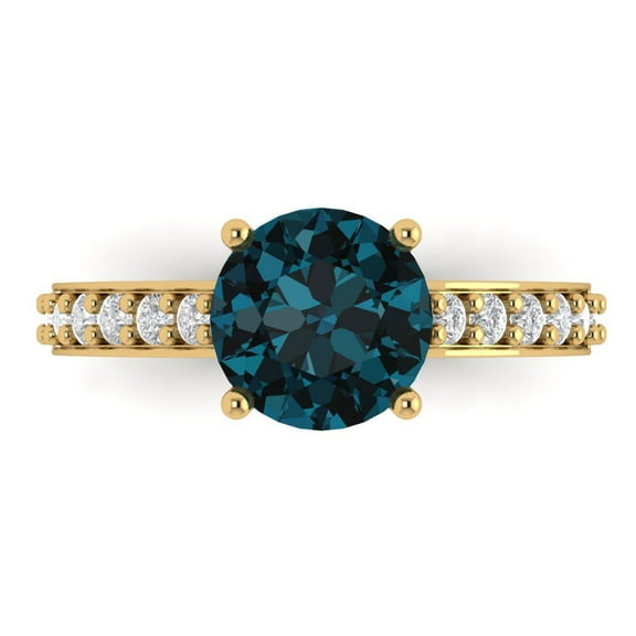 2.3 ct Round Cut Natural London Blue Topaz Solitaire with Accents Engagement Ring for Women in 14K Yellow Gold