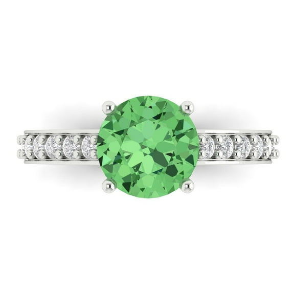 Clara Pucci 14K White Gold Solid Gold Green Solitaire with Accents Anniversary Ring for Women - 2.3 cttw Round Cut