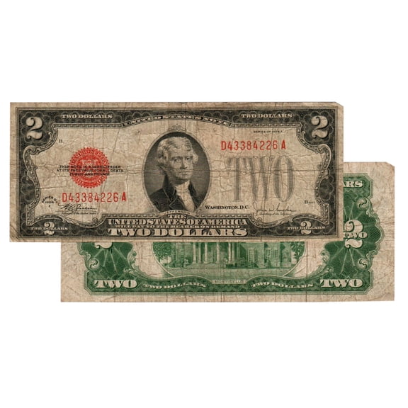 $2 1928 Red Seal Federal Reserve Note Currency - Very Good VG Collectible Banknote