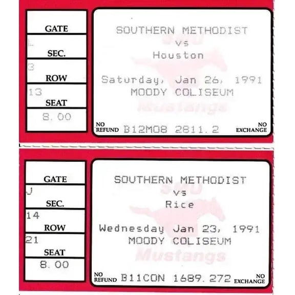 2 1991 SMU Mustangs college basketball ticket stubs vs Houston Rice