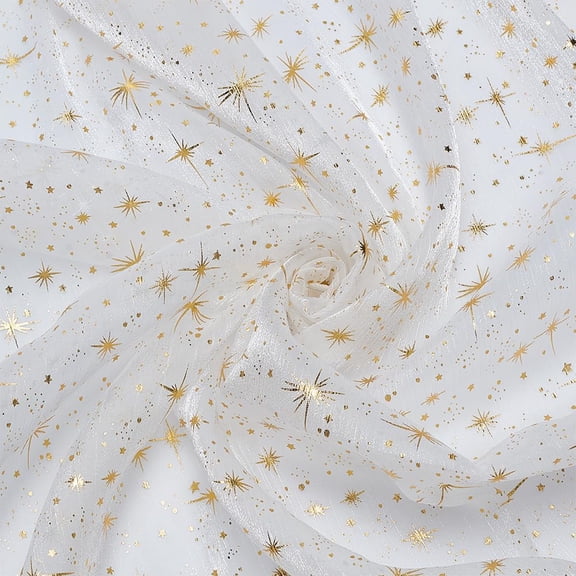 2.19Yard Organza Shiny Star Fabric 63Inch Wide White Base with Gold Stamping Star Pattern Polyester Fabric Perfect for DIY Crafts Wedding Decor and Costume Design for Crafters White DIY