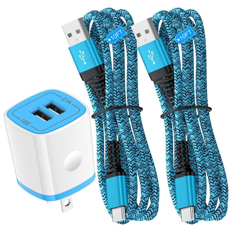 2.1A Dual-Port Fast Wall Charger Block, Phone Charger with 2Pcs 10FT Cables, Power Adapter Compatible with iPhone 17/16/15 Pro Max iPad Pro Galaxy S26 Android,Blue