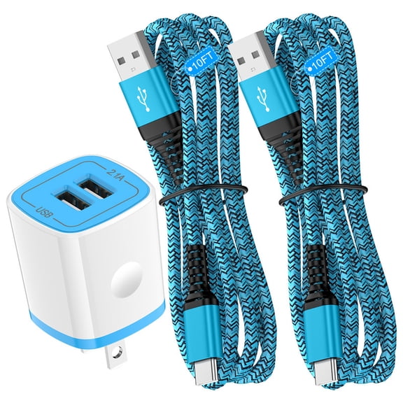 2.1A Dual-Port Fast Wall Charger Block, Phone Charger with 2Pcs 10FT Cables, Power Adapter Compatible with iPhone 17/16/15 Pro Max iPad Pro Galaxy S26 Android,Blue