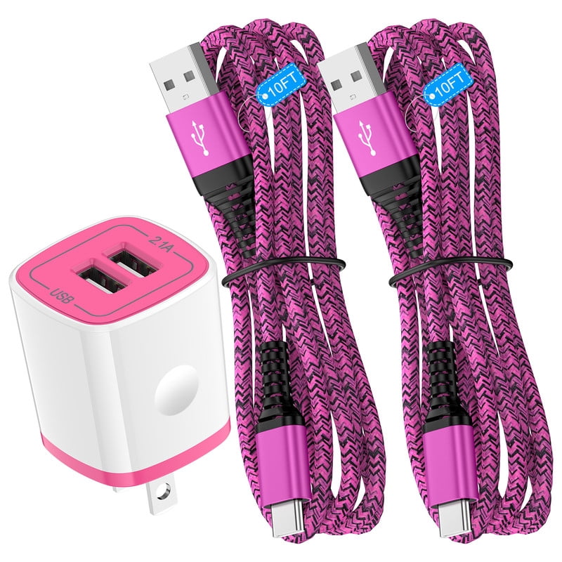 2.1A Dual-Port Fast Wall Charger Block, Phone Charger with 2Pcs 10FT Cables, Power Adapter Compatible with iPhone 17/16/15 Pro Max iPad Pro Galaxy S26 Android,Pink