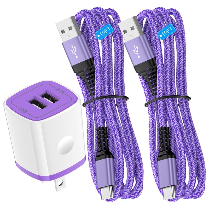 2.1A Dual-Port Fast Wall Charger Block, Phone Charger with 2Pcs 10FT Cables, Power Adapter Compatible with iPhone 17/16/15 Pro Max iPad Pro Galaxy S26 Android,Purple