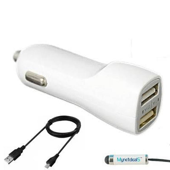 2.1Ah Micro USB Car/ DC Charger for CASIO G'ZONE-Boulder (Dual USB Port, Charging Cable included) - White + MND Stylus