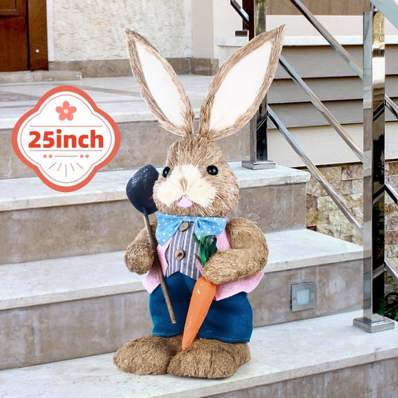 2.1FT Large Easter Bunny Decor for Porch & Home, Straw Standing Rabbit Statue with Basket Eggs, Farmhouse Spring Decor, Entryways Photo Props