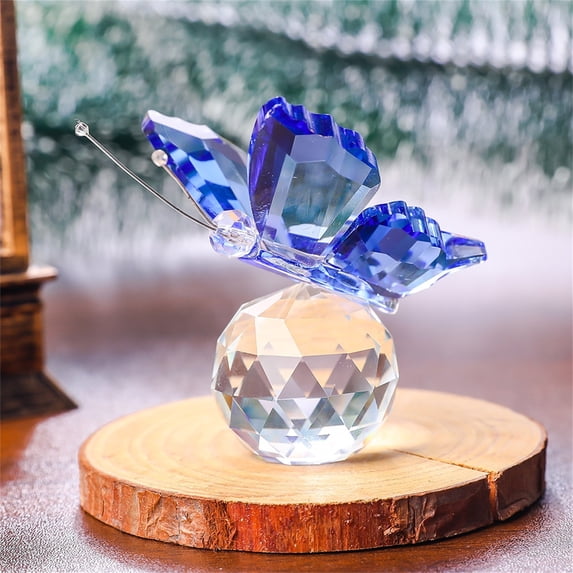 2.1IN Crystal Butterfly Figurine with Faceted Ball Base, Decorative Glass Butterfly Ornament for Home Table Decor, Perfect Collectible Gift for Desk, Shelf, and Office,Blue