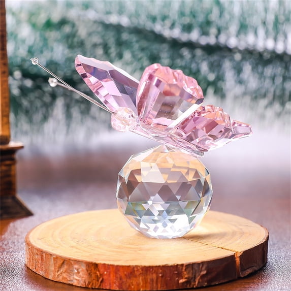 2.1IN Crystal Butterfly Figurine with Faceted Ball Base, Decorative Glass Butterfly Ornament for Home Table Decor, Perfect Collectible Gift for Desk, Shelf, and Office,Pink