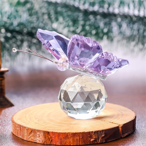 2.1IN Crystal Butterfly Figurine with Faceted Ball Base, Decorative Glass Butterfly Ornament for Home Table Decor, Perfect Collectible Gift for Desk, Shelf, and Office,Purple