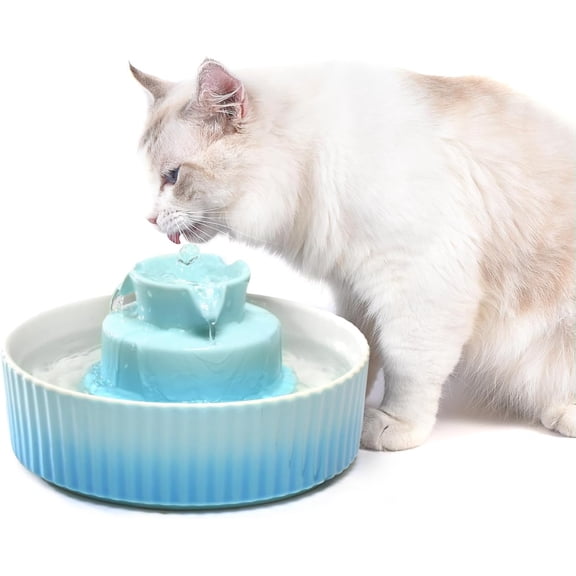 2.1L Ceramic Cat Water Fountain-for Cats and Dogs, 360 Ceramic Pet Fountain-70 Oz Large Water Capacity - Whisper-Quiet Water Flow-Great for Shy or Timid Pets - Fresh, Filtered Water (Blue)
