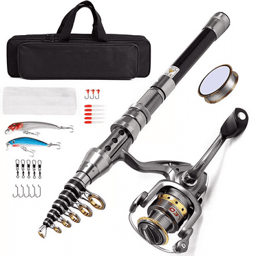 2.1M (6.89 ft) Carbon Fiber Telescopic Fishing Rod with Metal Reel - for Fresh & Saltwater - 9 - Part, 7.2 oz Rod, 9.6 oz Reel - Nylon Fishing Bag Included