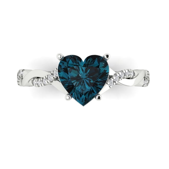 2.1ct Heart Cut Blue Natural London Blue Topaz 14k White Gold Engraving Statement Bridal Wedding Designer Ring Size 10.5