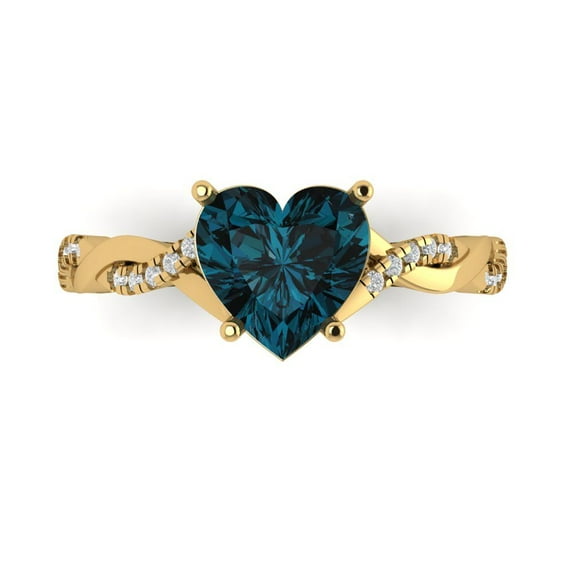 2.1ct Heart Cut Blue Natural London Blue Topaz 14k Yellow Gold Engraving Statement Bridal Wedding Designer Ring Size 5.5