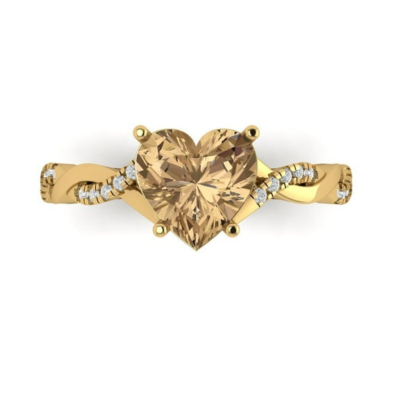 2.1ct Heart Cut Brown Champagne Crystal 18k Yellow Gold Engraving Statement Bridal Wedding Designer Ring Size 8