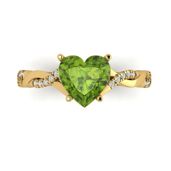 2.1ct Heart Cut Green Natural Peridot 14k Yellow Gold Engraving Statement Bridal Wedding Designer Ring Size 4