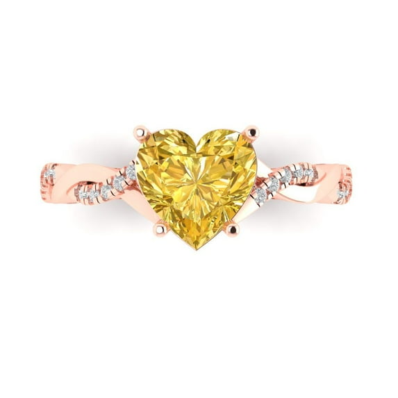 2.1ct Heart Cut Yellow Natural Citrine 18k Pink Rose Gold Engraving Statement Bridal Wedding Designer Ring Size 3.5