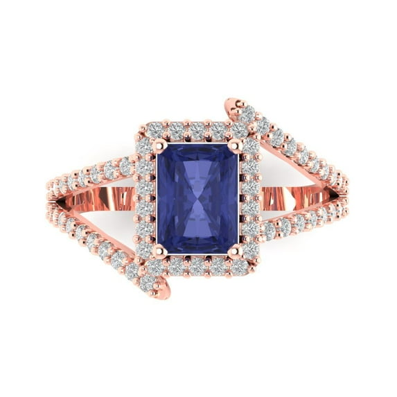 1.935 ctw Solitaire with Zirconia Diamond Accents Anniversary Ring for Women | Emerald Cut Simulated Tanzanite | Hyperallergenic Solid 18K Rose Gold