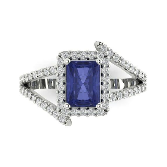 1.935 ctw with Simulated Diamond Halo Accents Anniversary Ring for Women | Emerald Cut Simulated Tanzanite | Hyperallergenic Solid 18K White Gold