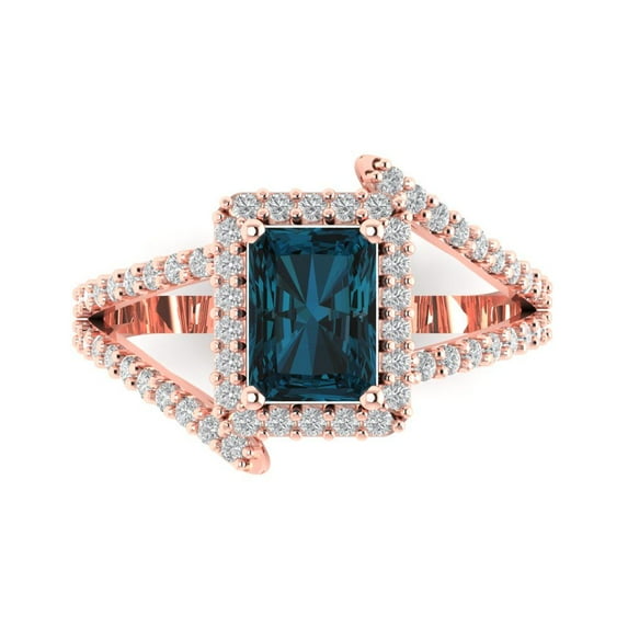 Clara Pucci 14K Rose Gold Solid Gold LondonBlueTopaz Solitaire with Accents Anniversary Ring for Women - 1.935 cttw Emerald Cut