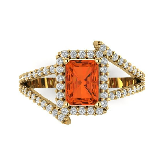 1.935 ct Emerald Cut Simulated Red Diamond Solitaire with Simulated Diamond Accents 18K Yellow Gold Womens Engagement Ring