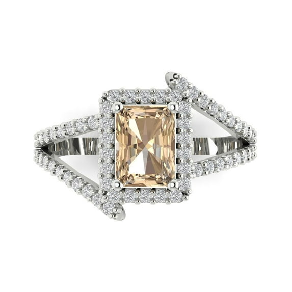 1.935 ctw with Simulated Diamond Halo Accents Anniversary Ring for Women | Emerald Cut Yellow Moissanite | Hyperallergenic Solid 18K White Gold
