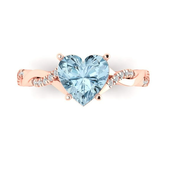 Clara Pucci 14K Rose Gold Solid Gold Aquamarine Solitaire with Accents Anniversary Ring for Women - 2.1 cttw Heart Cut