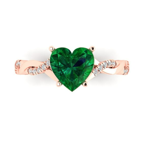 Clara Pucci 14K Rose Gold Solid Gold Emerald Solitaire with Accents Anniversary Ring for Women - 2.1 cttw Heart Cut