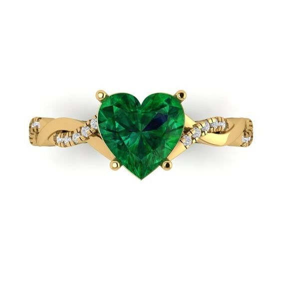Clara Pucci 14K Yellow Gold Solid Gold Emerald Solitaire with Accents Anniversary Ring for Women - 2.1 cttw Heart Cut