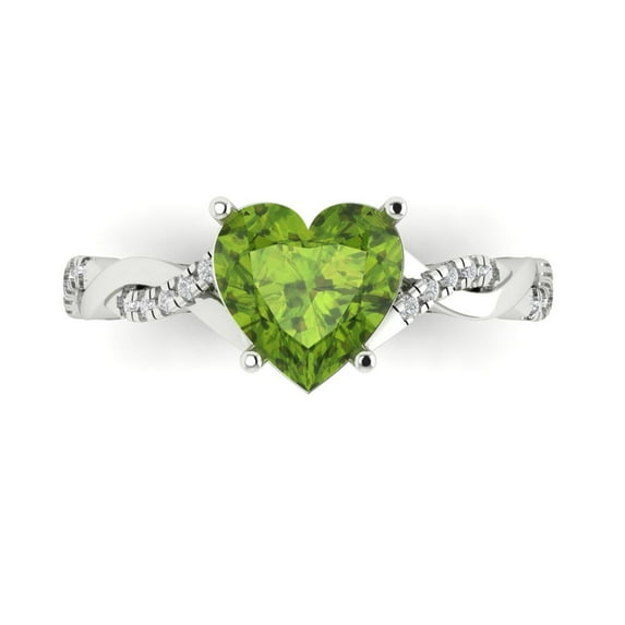 Clara Pucci 14K White Gold Solid Gold Peridot Solitaire with Accents Anniversary Ring for Women - 2.1 cttw Heart Cut