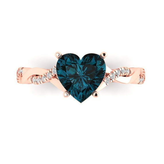 Clara Pucci 14K Rose Gold Solid Gold LondonBlueTopaz Solitaire with Accents Anniversary Ring for Women - 2.1 cttw Heart Cut