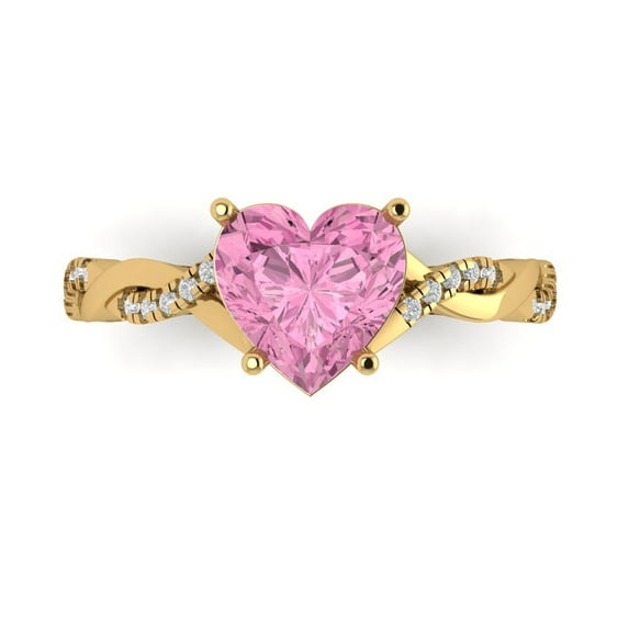 Clara Pucci 14K Yellow Gold Solid Gold Pink Solitaire with Accents Anniversary Ring for Women - 2.1 cttw Heart Cut