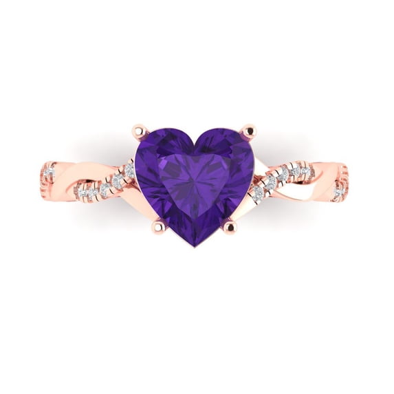 Clara Pucci 14K Rose Gold Solid Gold Amethyst Solitaire with Accents Anniversary Ring for Women - 2.1 cttw Heart Cut