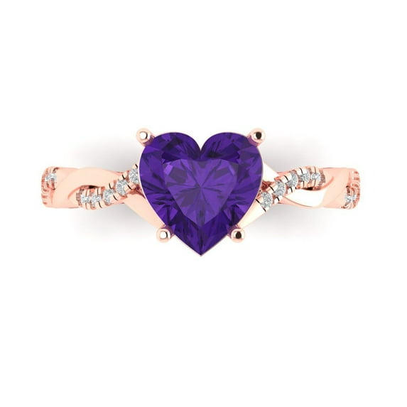 Clara Pucci 14K Rose Gold Solid Gold Amethyst Solitaire with Accents Anniversary Ring for Women - 2.1 cttw Heart Cut