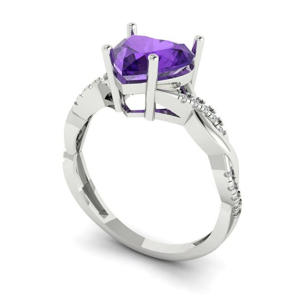 2.1ct heart cut purple natural amethyst 18k white gold Bridal Wedding Engagement Promise Anniversary Ring for Women size 5