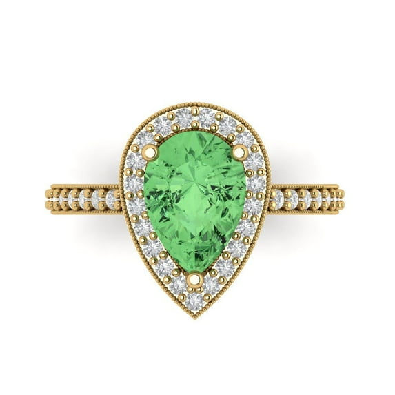 Clara Pucci 14K Yellow Gold Solid Gold Green Halo Anniversary Ring for Women - 2.36 cttw Pear Cut