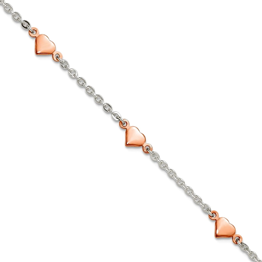 2.1mm 925 Sterling Silver and Rose-tone Polished Love Hearts Plus 1in Extension Anklet 9 Inch Anklet for Women