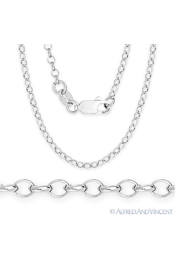 2.1mm Open Rolo Oval Cable Link Italian Chain Necklace in .925 Sterling Silver w/ Rhodium