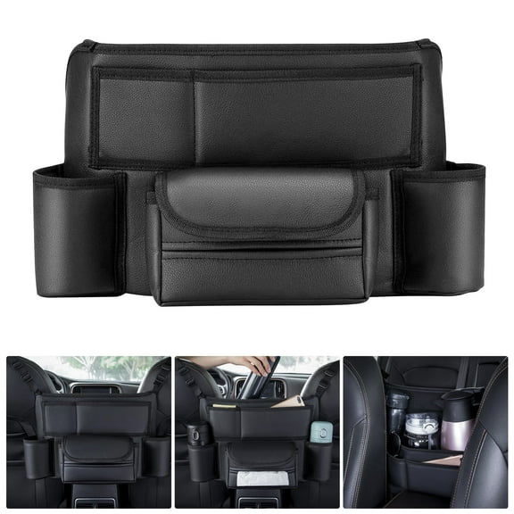 2/1pcs Car Front Seat Organizer, PU Leather Car Storage Bag Cup Holder, 7 Pockets, Black