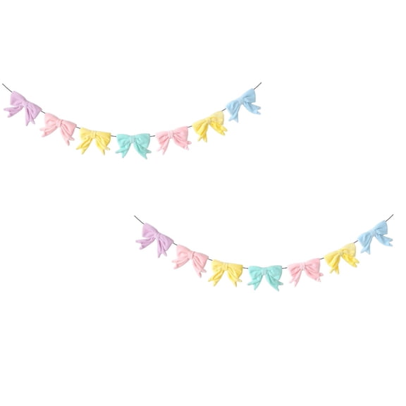 2/1pcs Pastel Bow Garland for Easter Decorations, PreAssembled Satin Ribbon Banners, Pastel Rainbow Party Decorations Satin Ribbon Bow Banner for Easter Table Door Mantel Window Wall