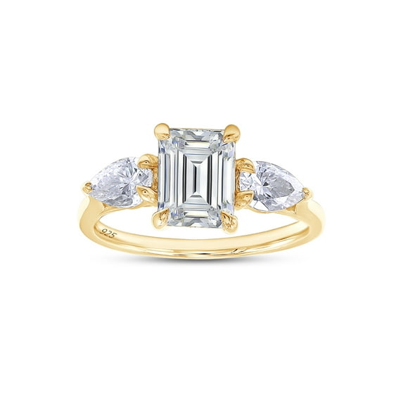 2 2/5 Carat 8X6MM Emerald & 6X4MM Pear Cut Lab Created Moissanite Diamond 3-Stone Engagement Ring For Women In 14K Yellow Gold Over Sterling Silver (G-H Color, VVS1 Clarity, 2.40 Cttw)-5